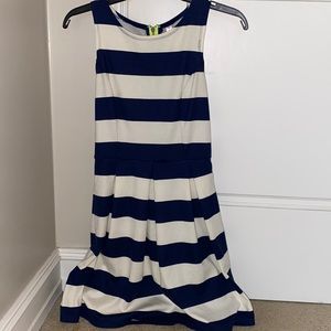 blue and white striped midi dress
